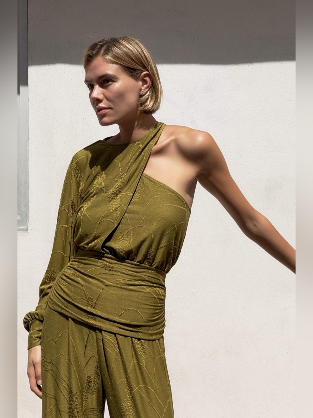 ZARA Olive Green One Shoulder Asymmetrical Blouse Size Small